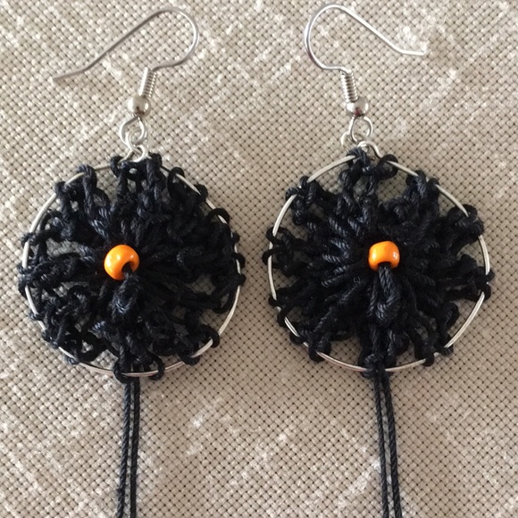 Hand Crafted Jewelry - Boho Crocheted Black Pierced Earrings Handcrafted with Orange Accent Bead